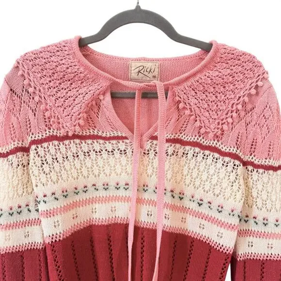 Vintage Ricki Knit Pointelle Tulip Cottagecore Coquette Pink Sweater Sz Medium - Picture 2 of 10